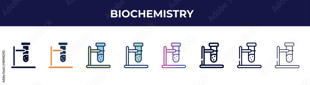 biochemistry icon in 8 styles. line, filled, glyph, thin outline, colorful, stroke and gradient styles, biochemistry vector sign. symbol, logo illustration. different style icons set. biochemistry icon in 8 styles. line, filled, glyph, thin outline, colorful, stroke and gradient styles, biochemistry vector sign. symbol, logo illustration. different style icons set.