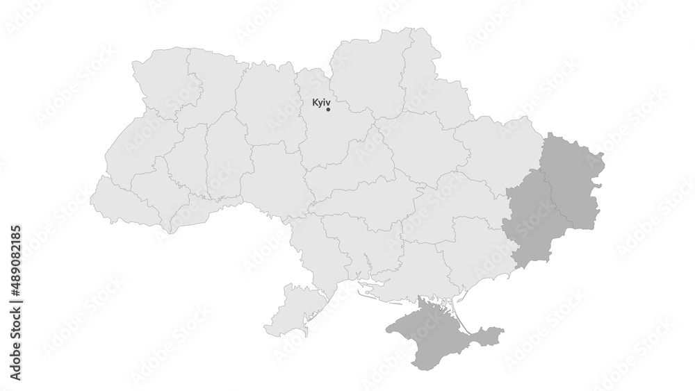 Detailed map of Ukraine and the disputed territories of the Crimean peninsula and Donbass with regions on a white background.