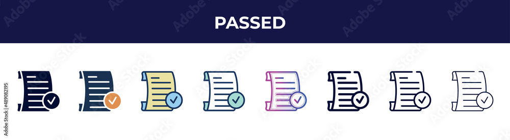 passed icon in 8 styles. line, filled, glyph, thin outline, colorful, stroke and gradient styles, passed vector sign. symbol, logo illustration. different style icons set. passed icon in 8 styles. line, filled, glyph, thin outline, colorful, stroke and gradient styles, passed vector sign. symbol, logo illustration. different style icons set.