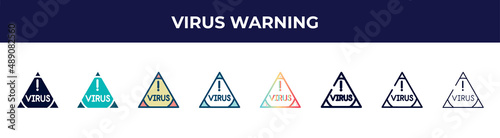 virus warning icon in 8 styles. line, filled, glyph, thin outline, colorful, stroke and gradient styles, virus warning vector sign. symbol, logo illustration. different style icons set.