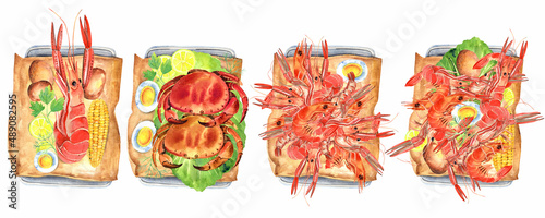 Fototapeta Naklejka Na Ścianę i Meble -  Watercolor seafood. Crawfish Boil, Shrimps, Seafood Fish, Kitchen Watercolor Illustration, printable poster.  Isolated element on a white background. Hand painted in watercolor.
