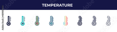 temperature icon in 8 styles. line, filled, glyph, thin outline, colorful, stroke and gradient styles, temperature vector sign. symbol, logo illustration. different style icons set.