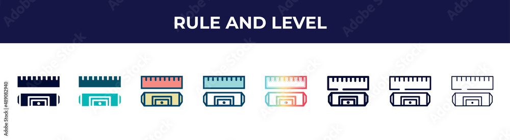 rule and level icon in 8 styles. line, filled, glyph, thin outline, colorful, stroke and gradient styles, rule and level vector sign. symbol, logo illustration. different style icons set. rule and level icon in 8 styles. line, filled, glyph, thin outline, colorful, stroke and gradient styles, rule and level vector sign. symbol, logo illustration. different style icons set.