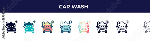 car wash icon in 8 styles. line, filled, glyph, thin outline, colorful, stroke and gradient styles, car wash vector sign. symbol, logo illustration. different style icons set.