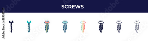 screws icon in 8 styles. line, filled, glyph, thin outline, colorful, stroke and gradient styles, screws vector sign. symbol, logo illustration. different style icons set.