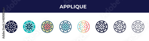 applique icon in 8 styles. line, filled, glyph, thin outline, colorful, stroke and gradient styles, applique vector sign. symbol, logo illustration. different style icons set.