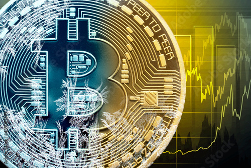 Cryptocurrency Bitcoin on the background of charts. finance technology illustration