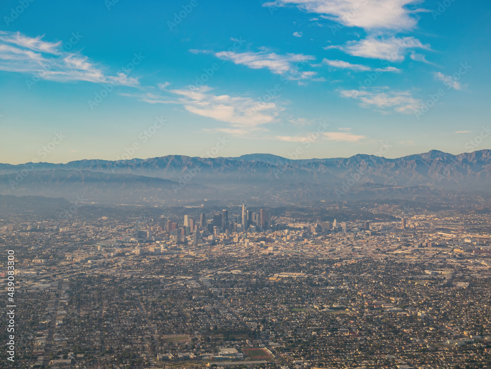 Aerial view of Los Angeles downtown, view from window seat in an airplane
