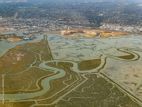 Aerial view of the Bair Island State Marine Park and cityscape photo