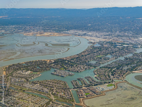 Aerial view of the Bair Island State Marine Park and cityscape