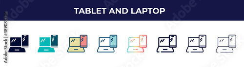 tablet and laptop icon in 8 styles. line, filled, glyph, thin outline, colorful, stroke and gradient styles, tablet and laptop vector sign. symbol, logo illustration. different style icons set.