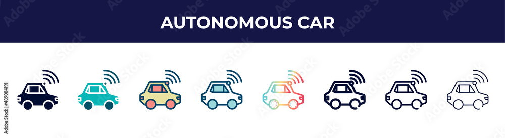 autonomous car icon in 8 styles. line, filled, glyph, thin outline, colorful, stroke and gradient styles, autonomous car vector sign. symbol, logo illustration. different style icons set. autonomous car icon in 8 styles. line, filled, glyph, thin outline, colorful, stroke and gradient styles, autonomous car vector sign. symbol, logo illustration. different style icons set.
