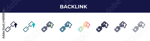 backlink icon in 8 styles. line, filled, glyph, thin outline, colorful, stroke and gradient styles, backlink vector sign. symbol, logo illustration. different style icons set. photo