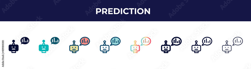 prediction icon in 8 styles. line, filled, glyph, thin outline, colorful, stroke and gradient styles, prediction vector sign. symbol, logo illustration. different style icons set. prediction icon in 8 styles. line, filled, glyph, thin outline, colorful, stroke and gradient styles, prediction vector sign. symbol, logo illustration. different style icons set.