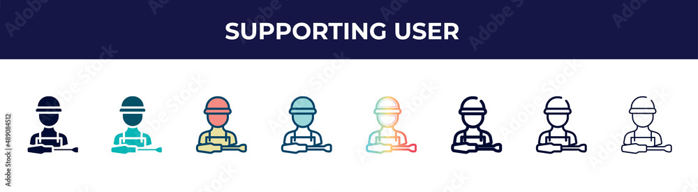 supporting user icon in 8 styles. line, filled, glyph, thin outline, colorful, stroke and gradient styles, supporting user vector sign. symbol, logo illustration. different style icons set. supporting user icon in 8 styles. line, filled, glyph, thin outline, colorful, stroke and gradient styles, supporting user vector sign. symbol, logo illustration. different style icons set.