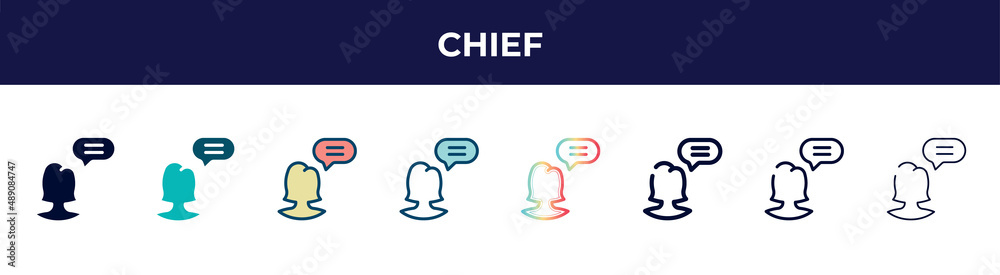 chief icon in 8 styles. line, filled, glyph, thin outline, colorful, stroke and gradient styles, chief vector sign. symbol, logo illustration. different style icons set. chief icon in 8 styles. line, filled, glyph, thin outline, colorful, stroke and gradient styles, chief vector sign. symbol, logo illustration. different style icons set.