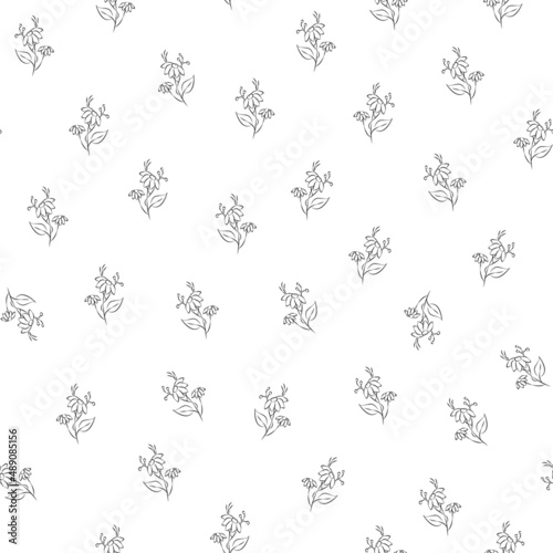 Vector black and white illustration. Floral seamless pattern. Bouquet of wild flowers. Hand drawn flower field. Simple flowers. Flowering heads of field chamomile. Outline drawing.