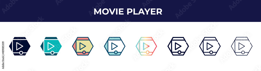 movie player icon in 8 styles. line, filled, glyph, thin outline, colorful, stroke and gradient styles, movie player vector sign. symbol, logo illustration. different style icons set. movie player icon in 8 styles. line, filled, glyph, thin outline, colorful, stroke and gradient styles, movie player vector sign. symbol, logo illustration. different style icons set.