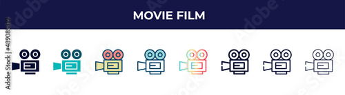 movie film icon in 8 styles. line, filled, glyph, thin outline, colorful, stroke and gradient styles, movie film vector sign. symbol, logo illustration. different style icons set.