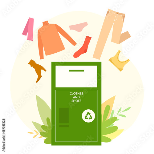 A green container with different types of clothes for recycling or donations. Vector