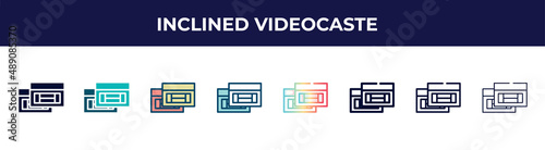 inclined videocaste icon in 8 styles. line, filled, glyph, thin outline, colorful, stroke and gradient styles, inclined videocaste vector sign. symbol, logo illustration. different style icons set.