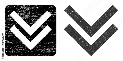 Vector shift down hole icon. Grunge shift down seal stamp, done with icon and rounded square. Rounded square stamp seal include shift down carving inside. Vector shift down grunge images.