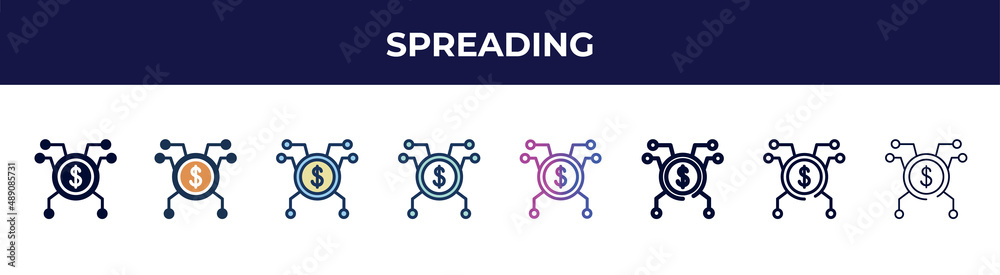 spreading icon in 8 styles. line, filled, glyph, thin outline, colorful, stroke and gradient styles, spreading vector sign. symbol, logo illustration. different style icons set. spreading icon in 8 styles. line, filled, glyph, thin outline, colorful, stroke and gradient styles, spreading vector sign. symbol, logo illustration. different style icons set.