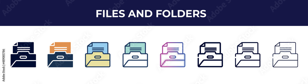 files and folders icon in 8 styles. line, filled, glyph, thin outline, colorful, stroke and gradient styles, files and folders vector sign. symbol, logo illustration. different style icons set. files and folders icon in 8 styles. line, filled, glyph, thin outline, colorful, stroke and gradient styles, files and folders vector sign. symbol, logo illustration. different style icons set.