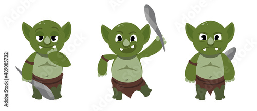 Vector illustration cute and beautiful troll on white background. Charming character in different poses embarrassed, happy and angry in cartoon style.