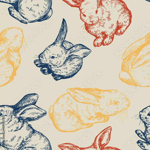 Cute baby rabbits seamless pattern. Ornament of bunnies pretty animals. Vector illustration in retro engraving style. Abstract design for wallpaper, decor, wrap, background, textile.
