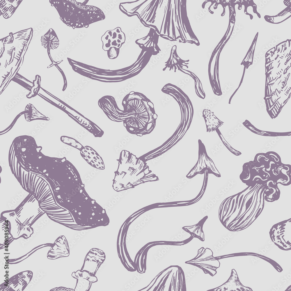 Fototapeta premium Mushrooms seamless pattern. Ornament of varied poisonous mushrooms. Vector illustration in retro engraving style. Abstract design for wallpaper, decor, wrap, background, textile.