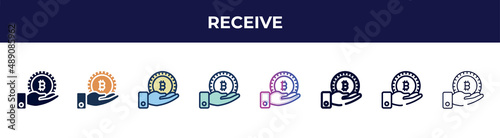 receive icon in 8 styles. line, filled, glyph, thin outline, colorful, stroke and gradient styles, receive vector sign. symbol, logo illustration. different style icons set.