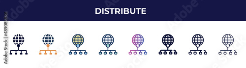 distribute icon in 8 styles. line, filled, glyph, thin outline, colorful, stroke and gradient styles, distribute vector sign. symbol, logo illustration. different style icons set.