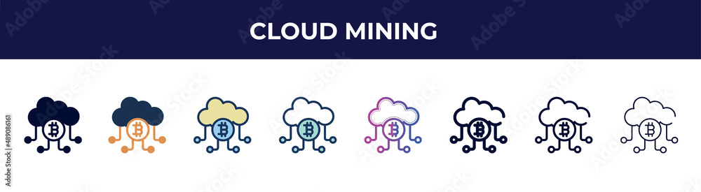 cloud mining icon in 8 styles. line, filled, glyph, thin outline, colorful, stroke and gradient styles, cloud mining vector sign. symbol, logo illustration. different style icons set. cloud mining icon in 8 styles. line, filled, glyph, thin outline, colorful, stroke and gradient styles, cloud mining vector sign. symbol, logo illustration. different style icons set.