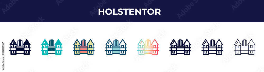 holstentor icon in 8 styles. line, filled, glyph, thin outline, colorful, stroke and gradient styles, holstentor vector sign. symbol, logo illustration. different style icons set.
