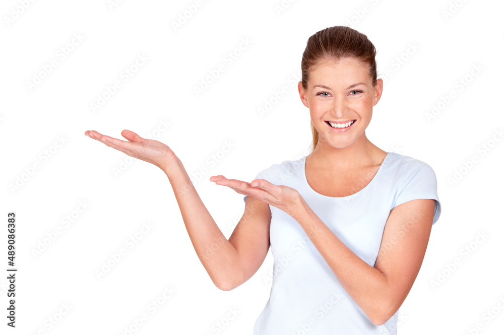 I fully endorse this as awesome. A pretty young woman presenting something to you while isolated on white. I fully endorse this as awesome. A pretty young woman presenting something to you while isolated on white.