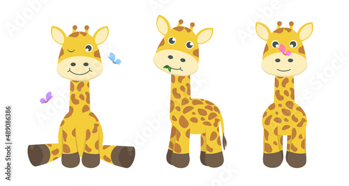 Vector illustration cute and beautiful giraffe on white background. Charming character in different poses happy sits , eats ,stands and butterflies fly around in cartoon style.