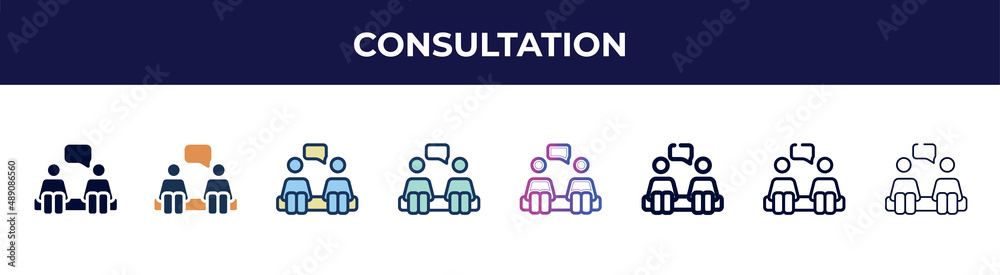 consultation icon in 8 styles. line, filled, glyph, thin outline, colorful, stroke and gradient styles, consultation vector sign. symbol, logo illustration. different style icons set. consultation icon in 8 styles. line, filled, glyph, thin outline, colorful, stroke and gradient styles, consultation vector sign. symbol, logo illustration. different style icons set.