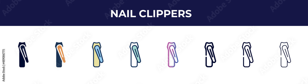 nail clippers icon in 8 styles. line, filled, glyph, thin outline, colorful, stroke and gradient styles, nail clippers vector sign. symbol, logo illustration. different style icons set. nail clippers icon in 8 styles. line, filled, glyph, thin outline, colorful, stroke and gradient styles, nail clippers vector sign. symbol, logo illustration. different style icons set.