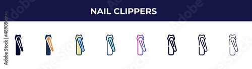 nail clippers icon in 8 styles. line, filled, glyph, thin outline, colorful, stroke and gradient styles, nail clippers vector sign. symbol, logo illustration. different style icons set.