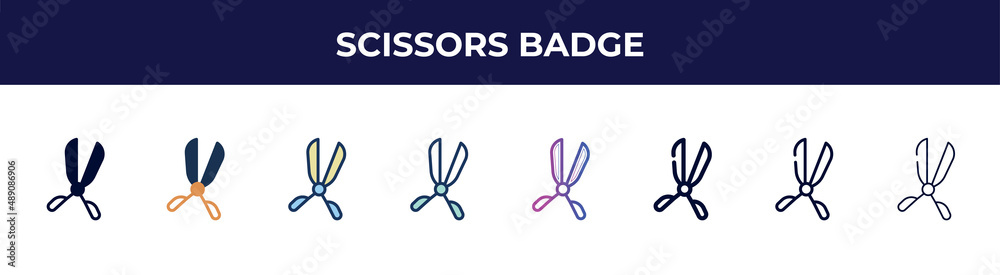 Fototapeta premium scissors badge icon in 8 styles. line, filled, glyph, thin outline, colorful, stroke and gradient styles, scissors badge vector sign. symbol, logo illustration. different style icons set.