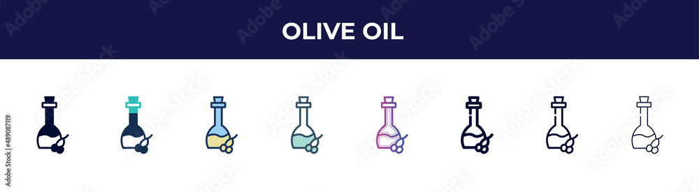 Obraz premium olive oil icon in 8 styles. line, filled, glyph, thin outline, colorful, stroke and gradient styles, olive oil vector sign. symbol, logo illustration. different style icons set.