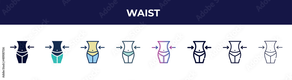 waist icon in 8 styles. line, filled, glyph, thin outline, colorful, stroke and gradient styles, waist vector sign. symbol, logo illustration. different style icons set. waist icon in 8 styles. line, filled, glyph, thin outline, colorful, stroke and gradient styles, waist vector sign. symbol, logo illustration. different style icons set.