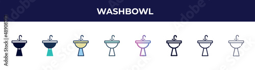 washbowl icon in 8 styles. line, filled, glyph, thin outline, colorful, stroke and gradient styles, washbowl vector sign. symbol, logo illustration. different style icons set.