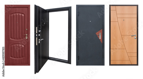 Set of models of entrance metal doors isolated on white background