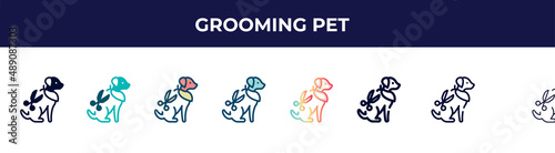 grooming pet icon in 8 styles. line, filled, glyph, thin outline, colorful, stroke and gradient styles, grooming pet vector sign. symbol, logo illustration. different style icons set.