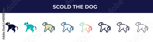 scold the dog icon in 8 styles. line, filled, glyph, thin outline, colorful, stroke and gradient styles, scold the dog vector sign. symbol, logo illustration. different style icons set.