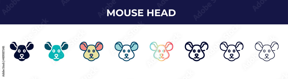 mouse head icon in 8 styles. line, filled, glyph, thin outline, colorful, stroke and gradient styles, mouse head vector sign. symbol, logo illustration. different style icons set.
