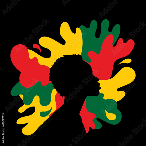 Juneteenth Independence Day background with colorful splash abstract design in national colors around a black silhouette of a man. February African-Americans Black History Month.  