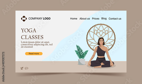  Woman doing yoga landing page, concept illustration for healthy lifestyle, yoga classes, exercising.